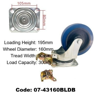 Ø160mm (6") Elastic Blue Rubber Wheel Castors > EUROPEAN STYLE | 300KG capacity per castor