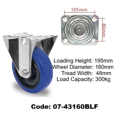 Ø160mm (6") Elastic Blue Rubber Wheel Castors > EUROPEAN STYLE | 300KG capacity per castor
