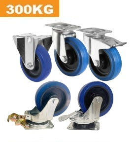 Ø160mm (6") Elastic Blue Rubber Wheel Castors > EUROPEAN STYLE | 300KG capacity per castor