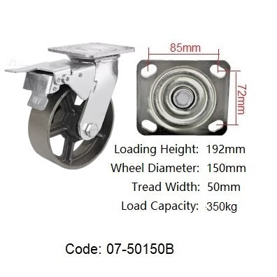 Ø150mm (6") Cast Iron Wheel Castors/High temperature resistant | 350KG capacity per castor