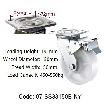 Ø150mm (6") Nylon Wheel 304 Stainless Steel Heavy Duty Castors | 450-550KG capacity per castor
