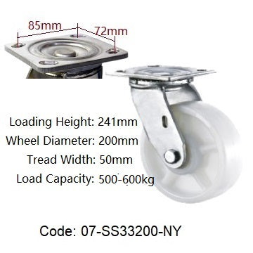 Ø200mm (8") Nylon Wheel 304 Stainless Steel Heavy Duty Castors | 500-600KG capacity per castor (Copy)