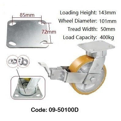 Ø100mm (4") Extra Heavy Duty Castors |Urethane on Cast Iron Wheel | 400KG loading capacity per castor