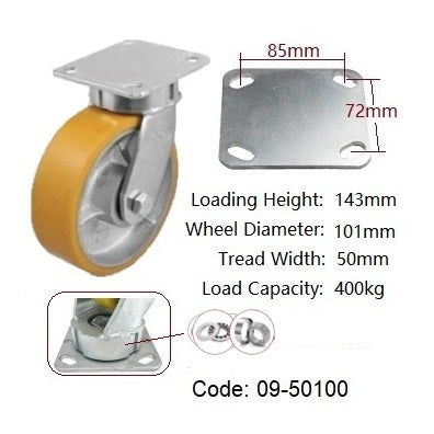Ø100mm (4") Extra Heavy Duty Castors |Urethane on Cast Iron Wheel | 400KG loading capacity per castor