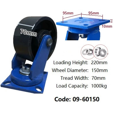 Ø150mm (6") Extra Heavy Duty Cast Iron Wheel Castors | 1000KG capacity per castor