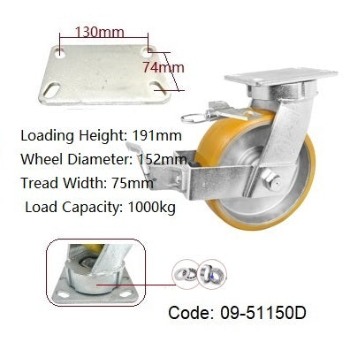 Ø150mm (6") Orange Urethane on Cast Iron Wheel Castors | 1000KG capacity per castor