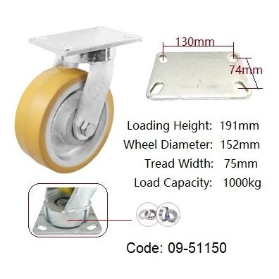 Ø150mm (6") Orange Urethane on Cast Iron Wheel Castors | 1000KG capacity per castor