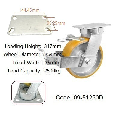 Ø250mm (10") Orange Urethane on Cast Iron Wheel Castors | 2500KG capacity per castor