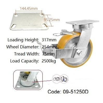 Ø250mm (10") Orange Urethane on Cast Iron Wheel Castors | 2500KG capacity per castor