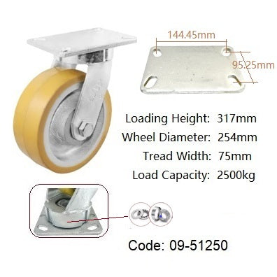 Ø250mm (10") Orange Urethane on Cast Iron Wheel Castors | 2500KG capacity per castor