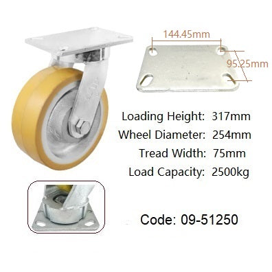 Ø250mm (10") Orange Urethane on Cast Iron Wheel Castors | 2500KG capacity per castor