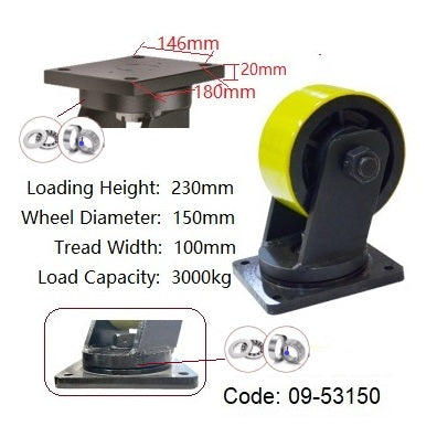 Ø150mm (6") Yellow Urethane on Cast Iron Wheel Castors | 3000KG capacity per castor