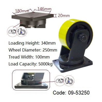 Ø250mm (10") Yellow Urethane on Cast Iron Wheel Castors | 5000KG capacity per castor
