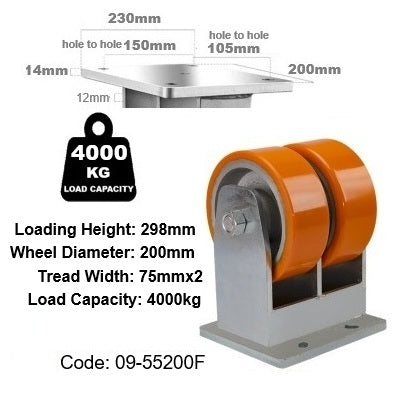 Ø200mm (8") Orange  Urethane on Cast Iron DUAL WHEELS Castors | 4000KG capacity per castor