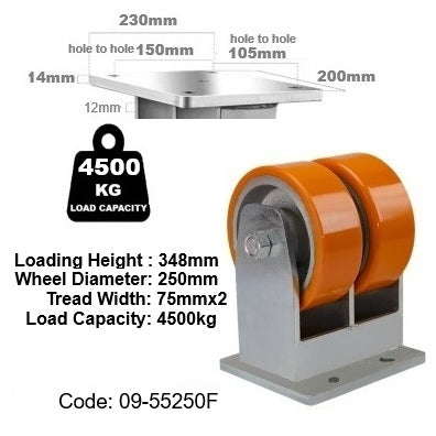 Ø250mm (10") Orange  Urethane on Cast Iron DUAL WHEELS Castors | 4500KG capacity per castor
