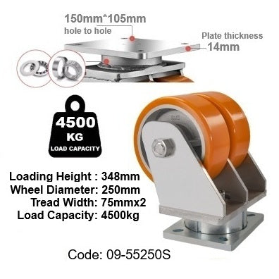 Ø250mm (10") Orange  Urethane on Cast Iron DUAL WHEELS Castors | 4500KG capacity per castor