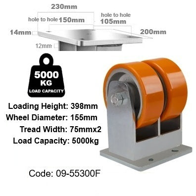 Ø300mm (12")Orange Urethane on Cast Iron DUAL WHEELS Castors | 5000KG capacity per castor