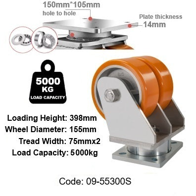 Ø300mm (12")Orange Urethane on Cast Iron DUAL WHEELS Castors | 5000KG capacity per castor