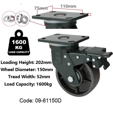 Ø150mm (6") Extra Heavy Duty Cast Iron Wheel Castors | 1600KG capacity per castor