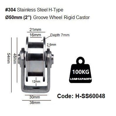 Ø48mm (2') & Ø68mm(2.5') Stainless Steel U. V. H. Type Groove Pulley Wheels, Heavy Duty Rigid Castors