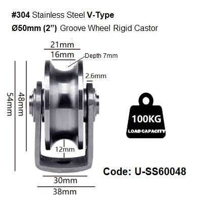 Ø48mm (2') & Ø68mm(2.5') Stainless Steel U. V. H. Type Groove Pulley Wheels, Heavy Duty Rigid Castors