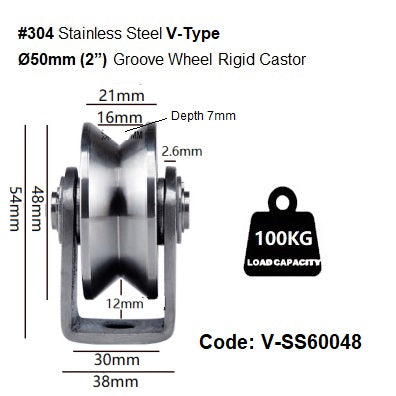 Ø48mm (2') & Ø68mm(2.5') Stainless Steel U. V. H. Type Groove Pulley Wheels, Heavy Duty Rigid Castors