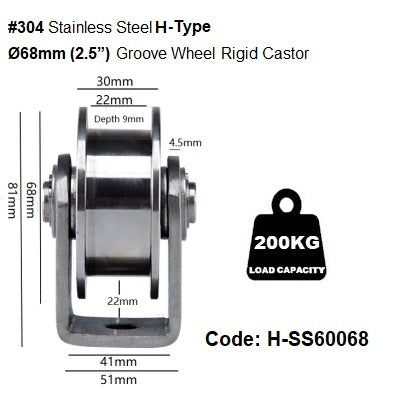 Ø48mm (2') & Ø68mm(2.5') Stainless Steel U. V. H. Type Groove Pulley Wheels, Heavy Duty Rigid Castors