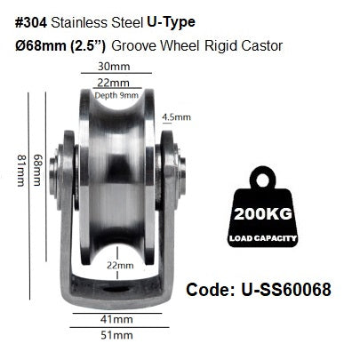 Ø48mm (2') & Ø68mm(2.5') Stainless Steel U. V. H. Type Groove Pulley Wheels, Heavy Duty Rigid Castors