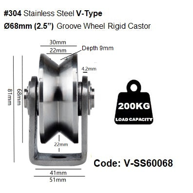 Ø48mm (2') & Ø68mm(2.5') Stainless Steel U. V. H. Type Groove Pulley Wheels, Heavy Duty Rigid Castors