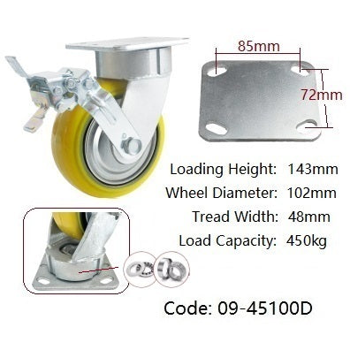 Ø100mm (4") Yellow Urethane on Cast Iron Wheel Castors | 450KG capacity per castor