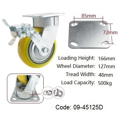 Ø125mm (5") Extra Heavy Duty castors |Urethane on Cast Iron Wheel | 500KG loading capacity per castor