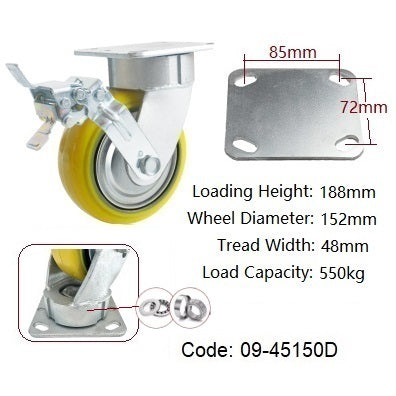 Ø150mm (6") Yellow Urethane on Cast Iron Wheel Castors | 550KG capacity per castor