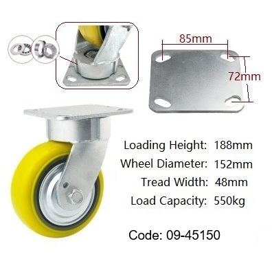 Ø150mm (6") Yellow Urethane on Cast Iron Wheel Castors | 550KG capacity per castor