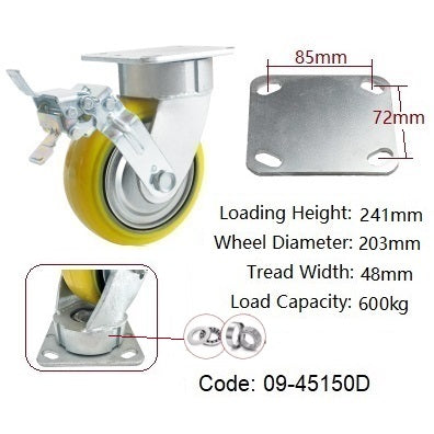 Ø200mm (8") Yellow Urethane on Cast Iron Wheel Castors | 600KG capacity per castor