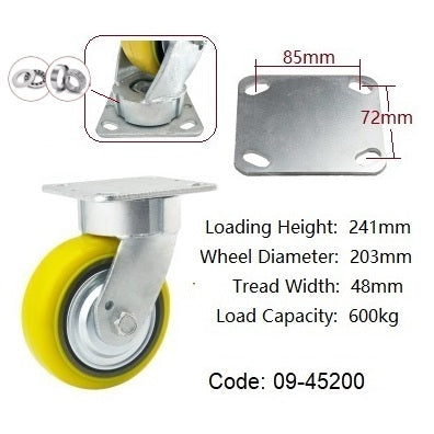 Ø200mm (8") Yellow Urethane on Cast Iron Wheel Castors | 600KG capacity per castor