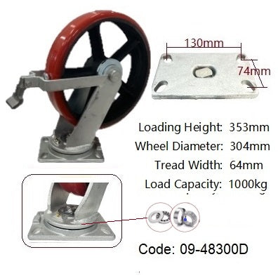 Ø300mm (12") Red Urethane on Cast Iron Wheel Castors | 1000KG capacity per castor