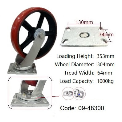 Ø300mm (12") Red Urethane on Cast Iron Wheel Castors | 1000KG capacity per castor
