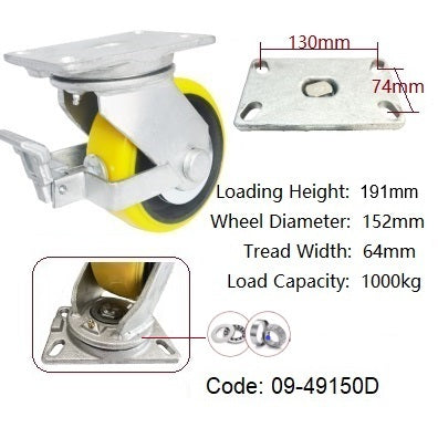 Ø150mm (6") Yellow Urethane on Cast Iron Wheel Castors |1000KG capacity per castor