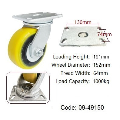 Ø150mm (6") Yellow Urethane on Cast Iron Wheel Castors |1000KG capacity per castor