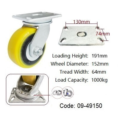 Ø150mm (6") Yellow Urethane on Cast Iron Wheel Castors |1000KG capacity per castor