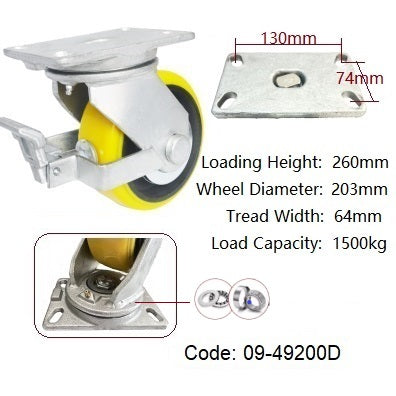 Ø200mm (8") Yellow Urethane on Cast Iron Wheel Castors |1500KG capacity per castor