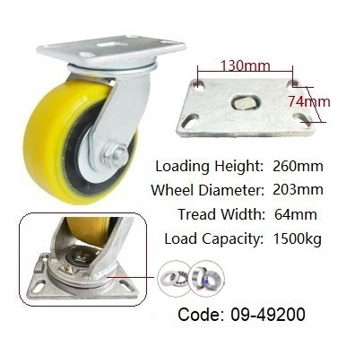 Ø200mm (8") Yellow Urethane on Cast Iron Wheel Castors |1500KG capacity per castor