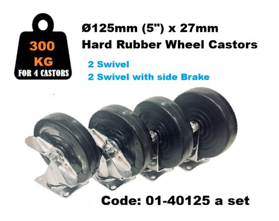 SET of 4:  Ø125mm (5")Black Hard Rubber Wheel Top Plate Castors | 300KG TOTAL