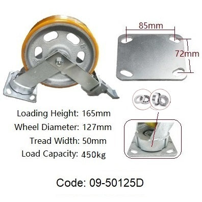 Ø125mm (5") Heavy Duty Castors |Urethane on Cast Iron Wheel | 450KG Loading Capacity per castor