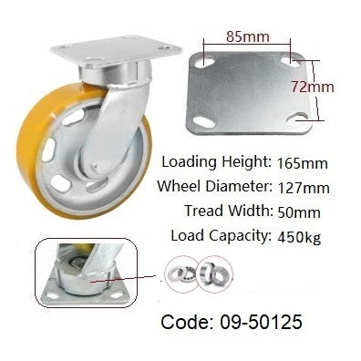 Ø125mm (5") Heavy Duty Castors |Urethane on Cast Iron Wheel | 450KG Loading Capacity per castor