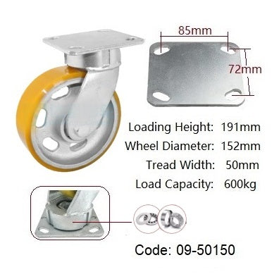 Ø150mm (6") Extra Heavy Duty Castors|Urethane on Cast Iron Wheel Castors | 600KG capacity per castor