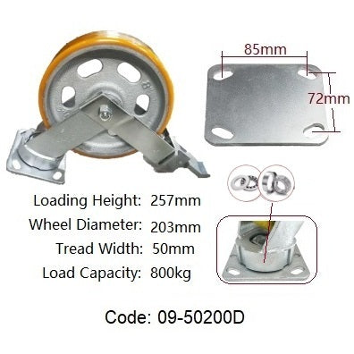 Ø200mm (8") Extra Heavy Duty Castors|Urethane on Cast Iron Wheel| 800KG loading capacity per castor