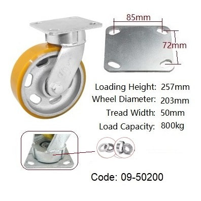 Ø200mm (8") Extra Heavy Duty Castors|Urethane on Cast Iron Wheel| 800KG loading capacity per castor