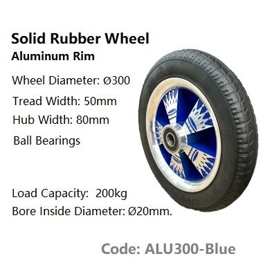 Ø300mm (12") x 45mm Aluminium Rim | Solid Rubber Wheels | 200KG capacity per wheel