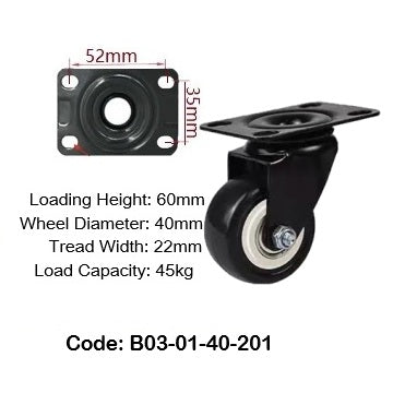 Ø40mm (1¾") Polyurethane (PU) Wheel Castors | 45KG capacity per castor